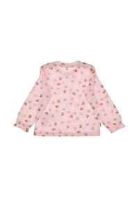 Langärmliges, pinkes Oberteil mit einem gepunkteten Muster in verschiedenen Rosa-, Beige- und Weißtönen. Weicher Stoff mit gerafften Manschetten und Rundhalsausschnitt.
