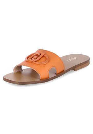 Orange leather slide sandals with an open toe, featuring a large logo accent and cut-out design. Flat sole with a brown base.