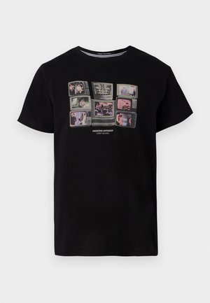 Black cotton t-shirt featuring a front graphic of multiple vintage television screens with various images and the text "WEEKEND OFFENDER / ADMIT NOTHING."