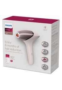 Philips Lumea IPL ontharingsapparaat in wit en roségoud, met een gebogen ontwerp en digitaal display, inclusief accessoires voor lichaam, gezicht en oksels.