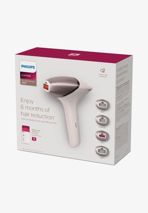 Philips Lumea IPL hair removal device in white and rose gold, featuring a curved design and digital display, with body, face, underarm attachments.
