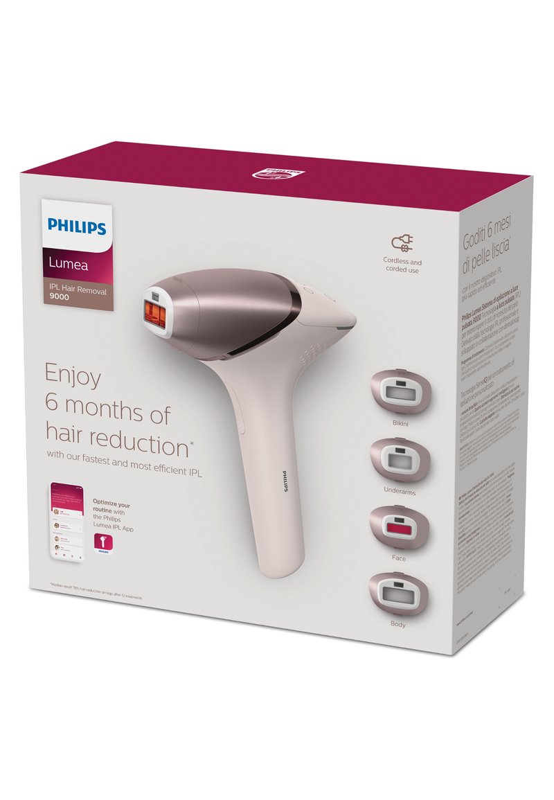 Philips Lumea IPL ontharingsapparaat in wit en roségoud, met een gebogen ontwerp en digitaal display, inclusief accessoires voor lichaam, gezicht en oksels.