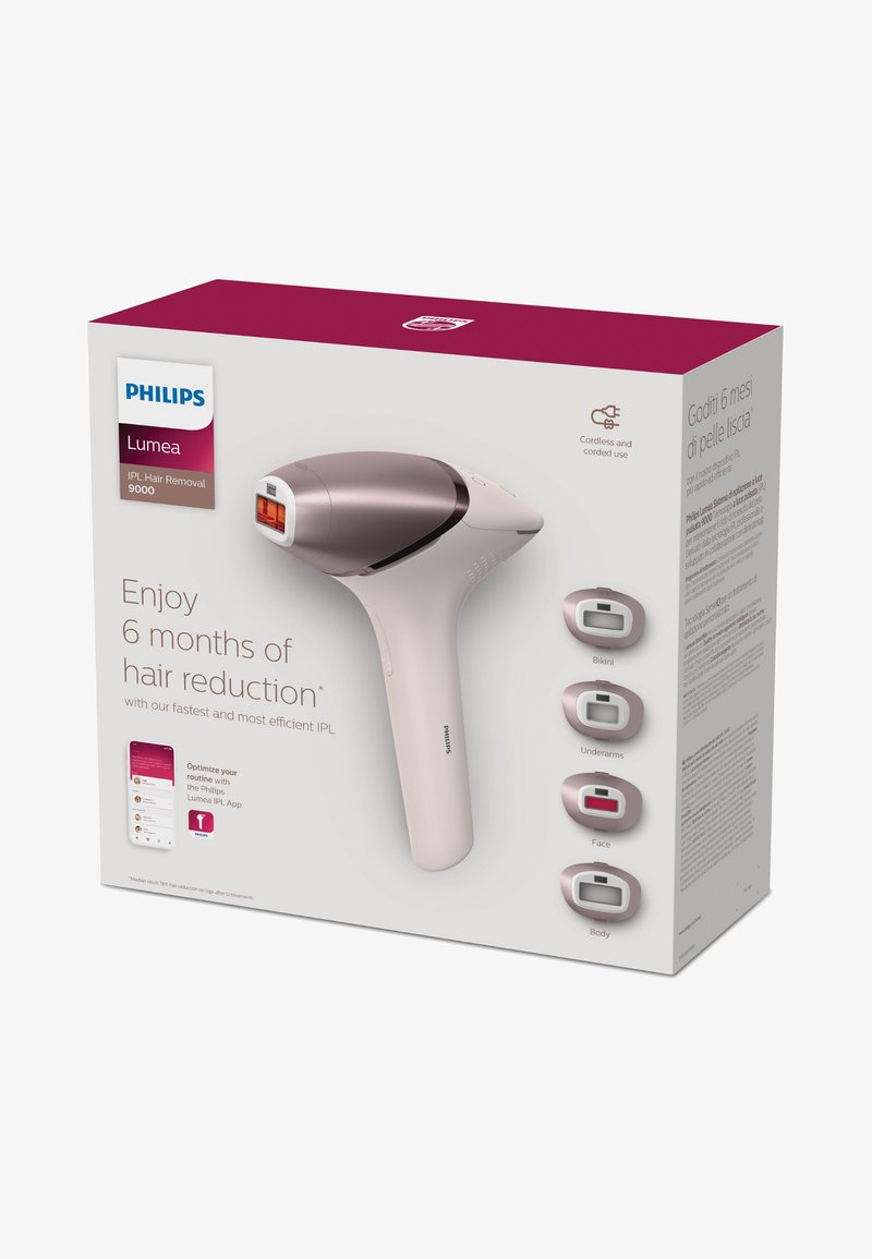 Philips Lumea IPL ontharingsapparaat in wit en roségoud, met een gebogen ontwerp en digitaal display, inclusief accessoires voor lichaam, gezicht en oksels.