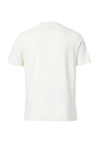 T-shirt bianco in cotone con maniche corte, colletto tondo e retro semplice. Presenta cuciture minime e nessuna grafica o motivo visibile.