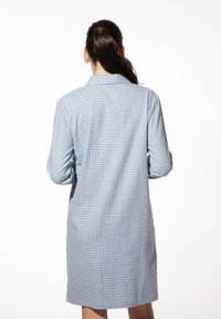 Blau-weiße Karo-Hemdbluse mit langen Ärmeln, Kragen und lässiger Passform, die hinten bis zur Mitte des Oberschenkels reicht.