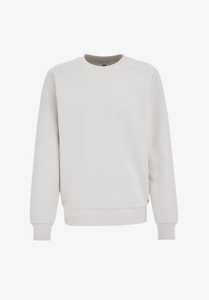 Šviesiai pilkas, tekstūruotas džemperis su apvaliu kaklu, ilgomis rankovėmis ir raštuotais rankogaliais. Paprastas dizainas be matomų raštų ar logotipų.