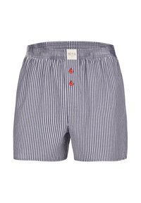 Blå och vita randiga boxershorts med elastisk midjeband, med två röda knappar framtill och en etikett sydd på midjebandet.