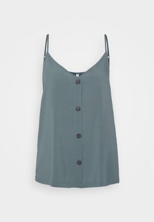 Salveeroheline kampsun V-kaelusega, õhukeste õlavarre rihmadega ja mustade nööpidega ees. Valmistatud sujuvast ja kergest kangast.