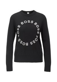 Schwarzer Kapuzenpullover mit einem kreisförmigen Design, das den wiederholten weißen Text "BOSS" zeigt. Hergestellt aus einem strukturierten Stoff mit langen Ärmeln und geripptem Saum.