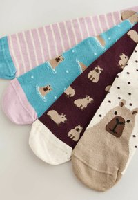 Vier kleurrijke sokken met patronen: roze strepen, blauw met zwemmende beren, bordeauxrood met zittende beren en beige met een groot berengezicht.