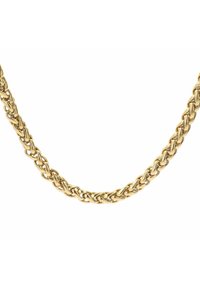 Złoty naszyjnik łańcuszkowy z zakładanymi ogniwami o gładkiej teksturze i plecionym wzorze, odpowiedni do noszenia na warstwy lub samodzielnie.
