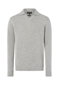 Helles grauer Pullover aus weichem Strickstoff, mit einem V-Ausschnitt und einem kragenähnlichen Design. Lange Ärmel mit gerippten Bündchen.