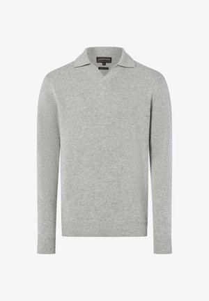 Helles grauer Pullover aus weichem Strickstoff, mit einem V-Ausschnitt und einem kragenähnlichen Design. Lange Ärmel mit gerippten Bündchen.