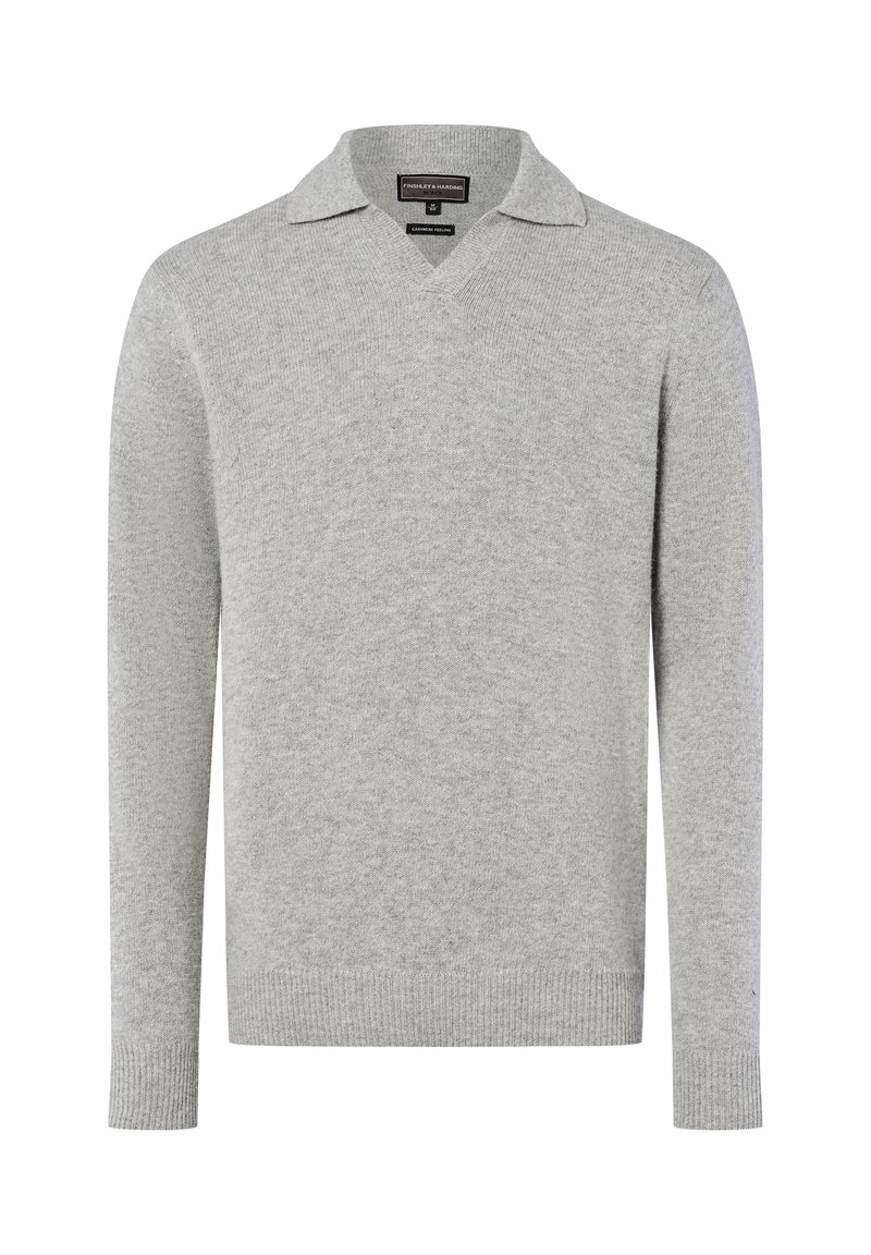 Helles grauer Pullover aus weichem Strickstoff, mit einem V-Ausschnitt und einem kragenähnlichen Design. Lange Ärmel mit gerippten Bündchen.