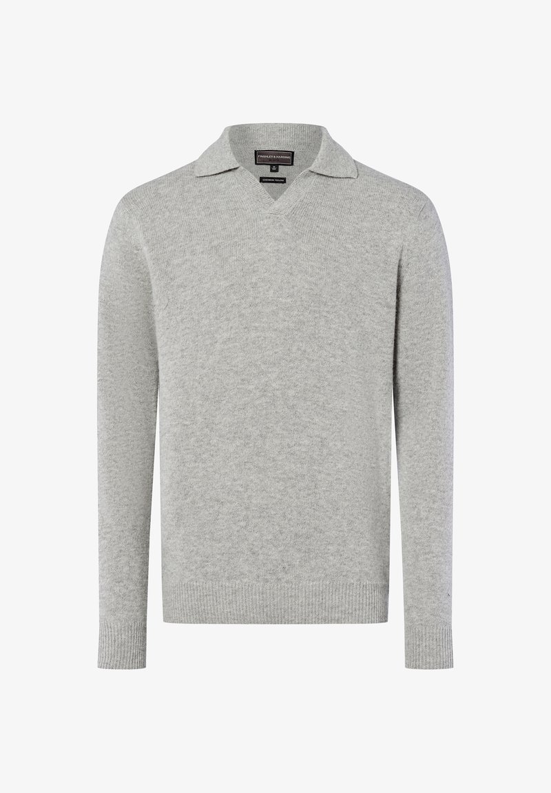 Helles grauer Pullover aus weichem Strickstoff, mit einem V-Ausschnitt und einem kragenähnlichen Design. Lange Ärmel mit gerippten Bündchen.