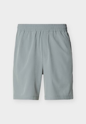 Pantaloni scurți casual pentru bărbați, de culoare gri deschis, cu talie elastică și buzunare laterale, așezați pe o suprafață plană pe fundal alb.