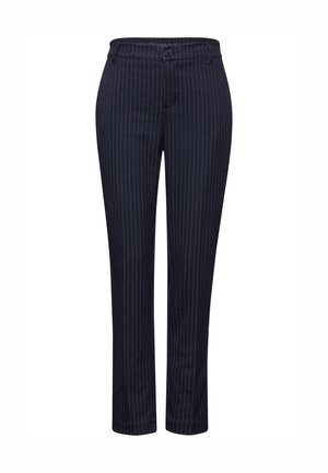 Marineblau gestreifte Hose aus strukturiertem Stoff, mit geradem Schnitt, Knopfverschluss und Gürtelschlaufen.