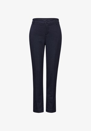 Pantalons rayés navy en tissu texturé, avec une coupe droite, fermeture à bouton et passants de ceinture.