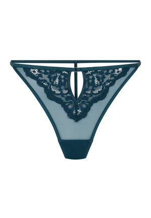 Türkisfarbener Spitzen-Tanga mit Netzeinsätzen, floralen Spitzenakzenten an der Vorderseite sowie schmalem Bund und Rückseite. Verfügt über einen Schlüsselloch-Ausschnitt.