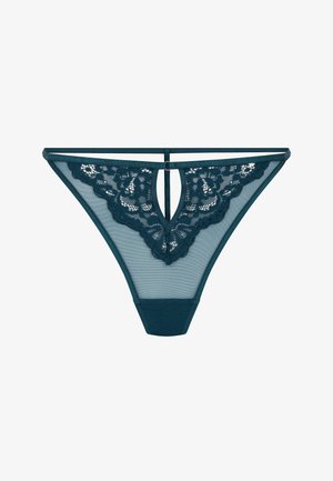 Teal lace thong with mesh panels, floral lace detailing at the front, and a narrow waistband and back. Features a keyhole cutout.