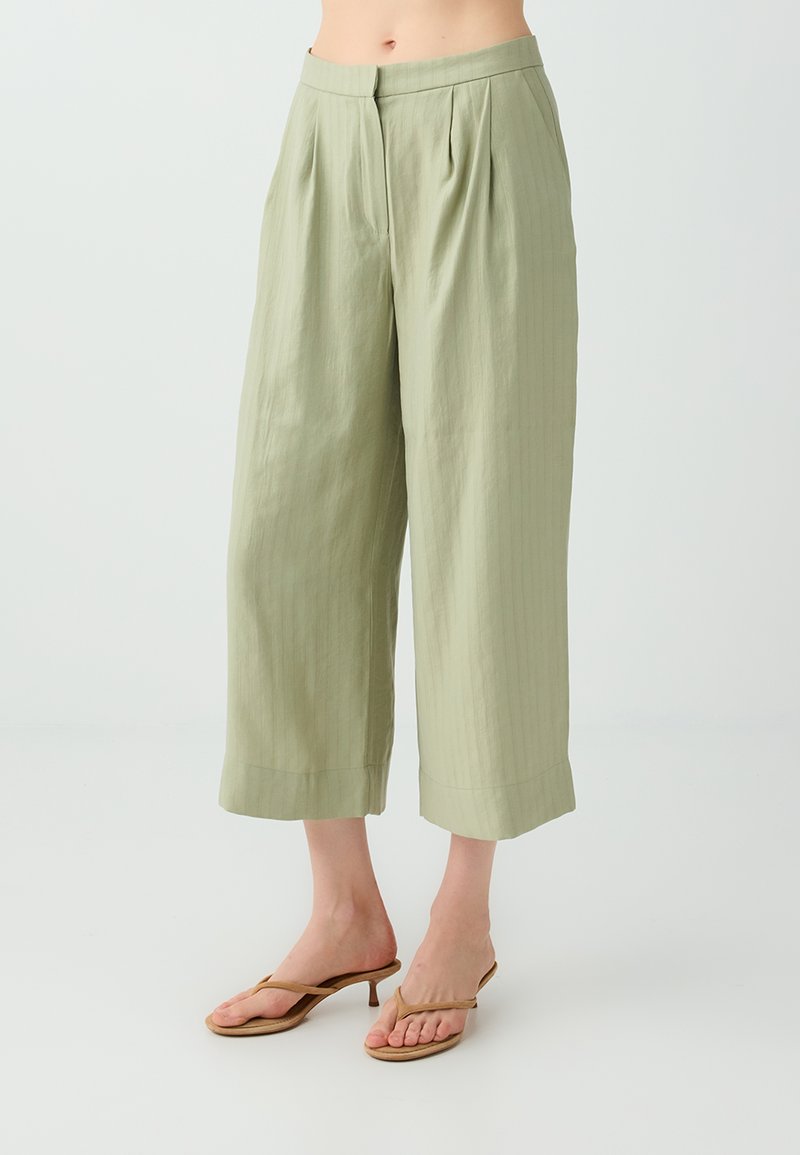 Pantalon court taille haute à jambes larges de couleur vert clair, porté avec des sandales à talons beiges sur un fond clair uni.