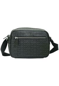 Borsa a tracolla grigia con motivo in rilievo del logo, tessuto resistente, scomparti con zip e tracolla regolabile. Forma rettangolare con texture liscia.