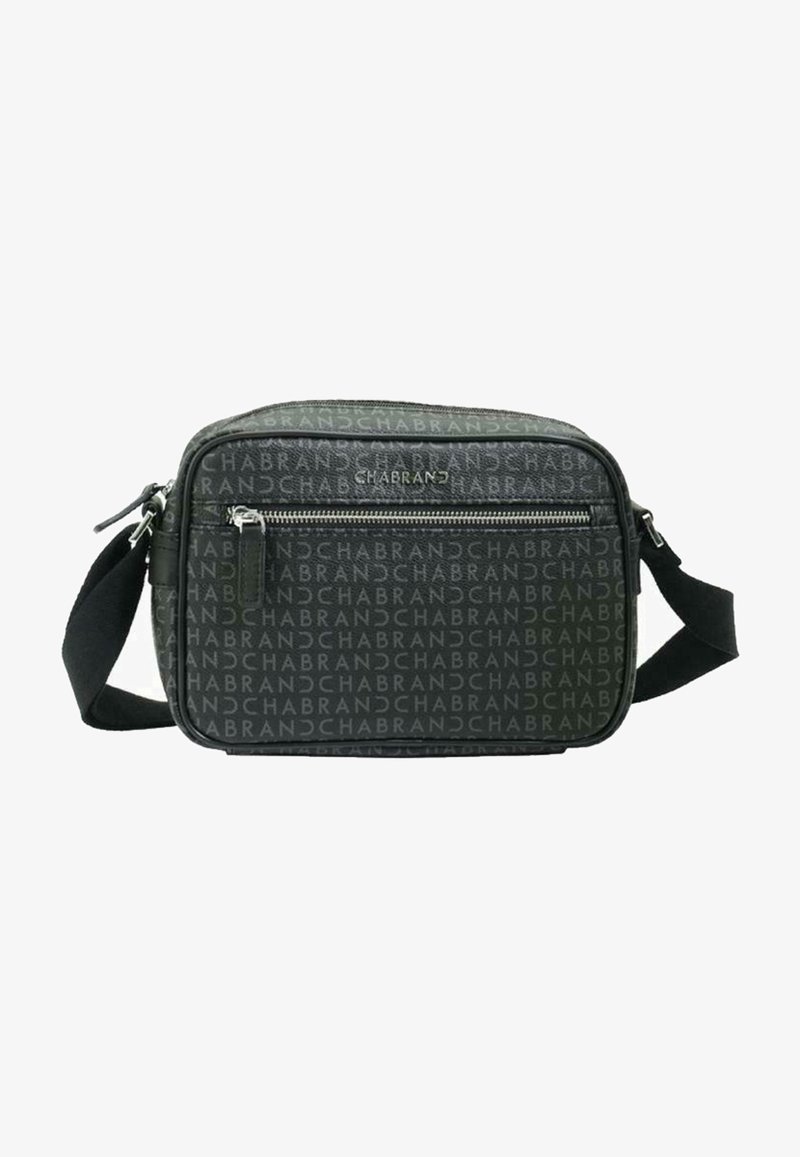 Borsa a tracolla grigia con motivo in rilievo del logo, tessuto resistente, scomparti con zip e tracolla regolabile. Forma rettangolare con texture liscia.
