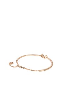 Roze gouden armband met een glad, afgerond ontwerp en textuuraccenten. Beschikt over een kettingverlenging met een veilige sluiting voor verstelbare maat.