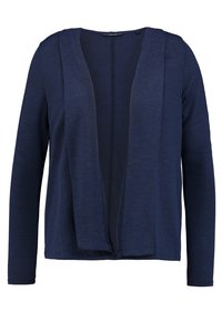 Marinblå cardigan i mjukt tyg, har en öppen frontdesign, långa ärmar och en avslappnad passform. Utan knäppning, enkel och mångsidig.