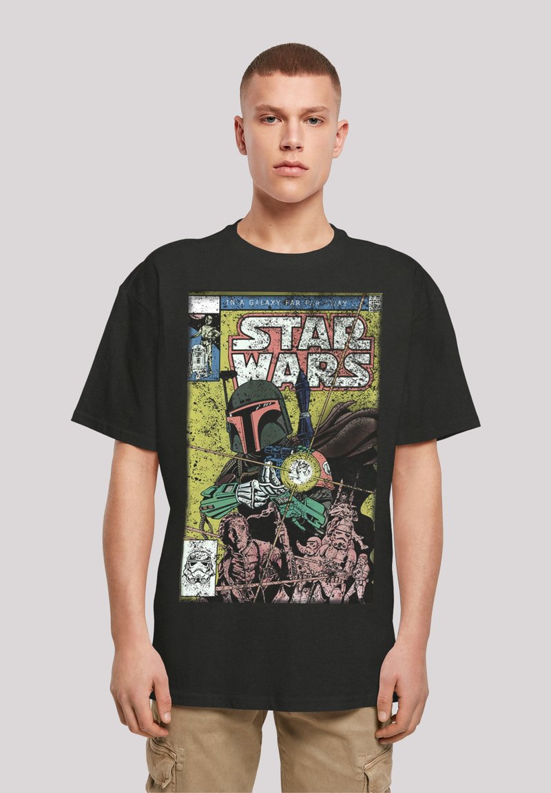 Schwarzes T-Shirt mit einem bunten Comic-Style-Motiv von Boba Fett aus Star Wars, das verschiedene Charaktere und ein Vintage-Design zeigt.
