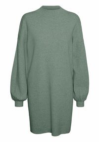 Robe-pull longue à manches longues vert sauge en maille, avec un col rond et des poignets côtelés sur des manches ballon.