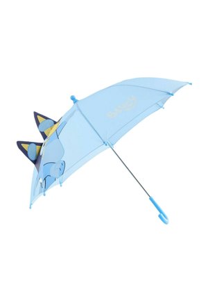 Dětský modrý deštník s potiskem karikatury psa a 3D ušima na stříšce, zakřivená rukojeť a kovová tyč.