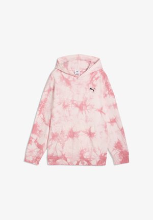 Roza in bela hoodie z batik vzorcem, sprednji žep in črnim logotipom Puma na prsih, nameščena ravno na belem ozadju.