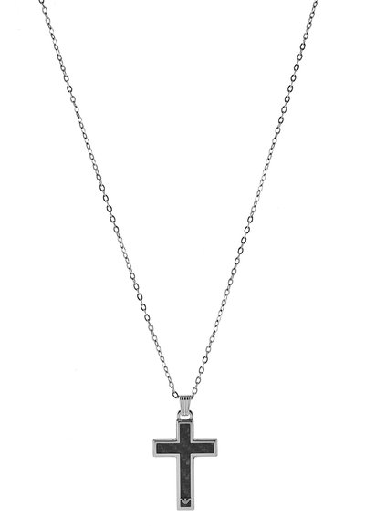 Collana in argento con pendente a croce nera, dotato di una superficie riflettente e bordi lucidati, appesa a una delicata catena a maglie.