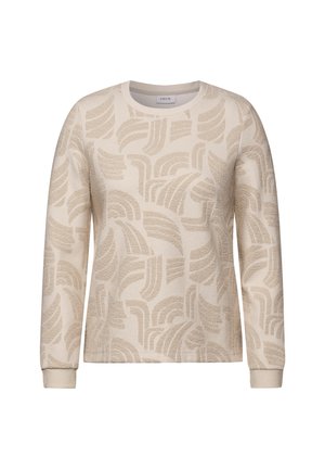 Pull beige avec un motif abstrait texturé en marron clair. Encolure ronde, manches longues, poignets et ourlet côtelés. Texture de tissu douce.