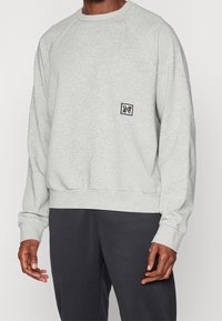 Grauer Sweatshirt aus Baumwollmischung mit einem gerippten Rundhalsausschnitt, langen Ärmeln und einem kleinen Logo-Patch auf der Brust.