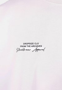 White cotton t-shirt featuring black printed text: "DROPSIZE CLO FROM THE ARCHIVES Streetwear Apparel," on the upper back.
