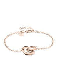Rose gold bracelet with a chain design and a knotted heart centerpiece. Features a lobster clasp and adjustable length with a small tag.