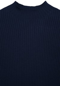 Navyblau gestreifter Strickpullover mit hohem Kragen. Der Stoff hat vertikale Linien und eine glatte Textur.