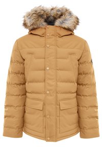 Doudoune en marron doré. Design matelassé avec une bordure en fausse fourrure sur la capuche. Comprend deux poches avant et des fermetures à boutons-pression.