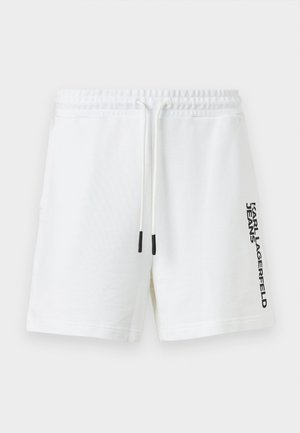 Bijele pamučne kratke hlače s elastičnim strukom i vezicom, s natpisom "KARL LAGERFELD JEANS" tiskan vertikalno na desnoj nozi.