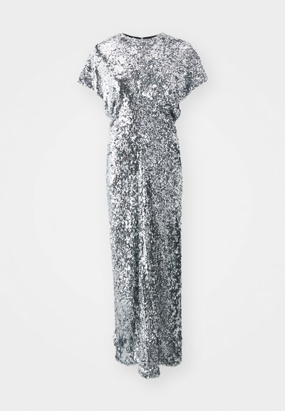 Silver sequin long dress with short sleeves, rounded neckline, and a straight silhouette. The texture is shiny and reflective.
