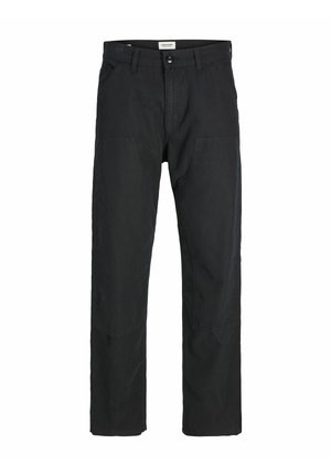 Schwarze Hosen aus strapazierfähigem Stoff, mit geradem Bein, genähten Akzenten und zwei vorderen Taschen für Funktionalität.