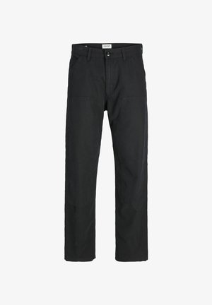 Black pants made of durable fabric, featuring a straight-leg design, stitched accents, and two front pockets for functionality.