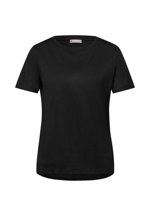 Camiseta negra de manga corta con cuello redondo, con un dobladillo ligeramente curvado y una etiqueta Street One en el interior del cuello.