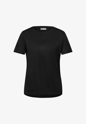 T-shirt noir à manches courtes et col rond, avec un ourlet légèrement courbé et une étiquette Street One à l'intérieur du col.