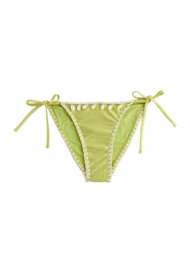 Limezaļš bikini apakšdaļa ar regulējamiem saitēm, fakturētu apdari un dekoratīvām jūras čaulu akcentiem jostasvietā.
