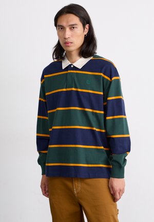 Long-sleeve polo shirt in dark green with navy and yellow horizontal stripes, featuring a white collar and a small green logo on the chest.