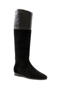 Schwarze Wildleder-Stiefel bis zum Knie mit einem kontrastierenden schwarzen Lederoberteil. Verfügt über ein elegantes Design und eine spitze Zehenpartie, die auf einer flachen Sohle ruht.
