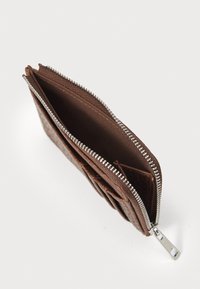 Brown leather wallet with a textured exterior, zippered closure, and a smooth interior. Features multiple compartments for cards or cash.